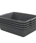 Four Pack Plastic Bus Tubs For Commercial Use, 13 Liter Capacity Tote Boxes, Durable Grey Storage Bins Stacked