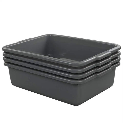 Four Pack Plastic Bus Tubs For Commercial Use, 13 Liter Capacity Tote Boxes, Durable Grey Storage Bins Stacked