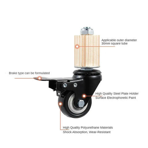 Four 3 Inch Red Stainless Steel Furniture Caster Wheels With Brakes Universal Stem 30 mm Square Tube for tables and carts