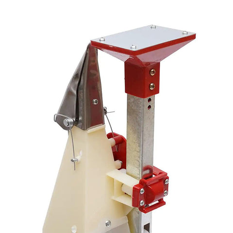 Close-up of Adjustable Handheld Fertilizer Applicator for Garden and Lawn showing metal and plastic components and structure.