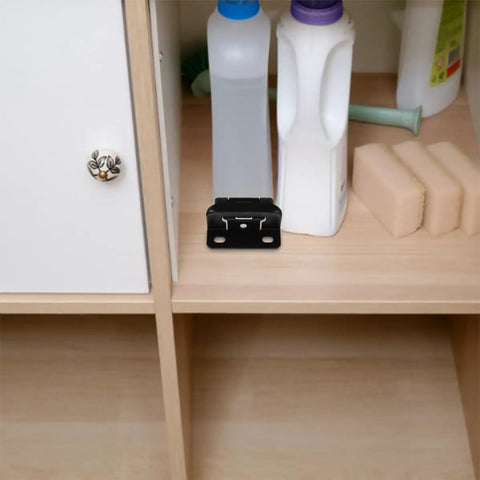 Set Of 6 Built Tough Self Closing Heavy Duty Cold Rolled Steel Cabinet Hinges For RV Doors on wooden shelf with cleaning supplies.