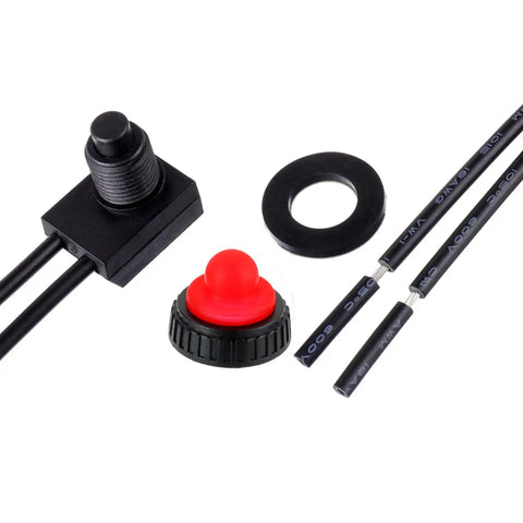 Waterproof Push Button Switch 12V On Off SPST With 4.5 Inch Leads For Motorcycle And Car Red Pack Of 5 Durable, Dustproof, IP67 Rated, Heavy Duty Sealed Aluminum Body, Built Tough For Off Road, Street Bikes, ATVs, red push button switch with black leads and mounting ring