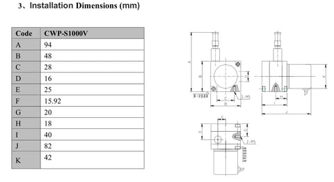 Technical drawing of 1000mm Draw Wire Encoder With 24V DC Supply And 0 To 10V Output for installation dimensions in machinery.