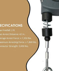 Specifications of No Nonsense 11 Ft Single Leg Self Retracting Lifeline with max freefall and arrest distance details.