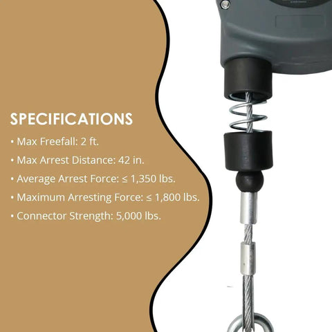 Specifications of No Nonsense 11 Ft Single Leg Self Retracting Lifeline with max freefall and arrest distance details.