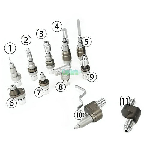 Killer Performance Veterinary Orthopedic Drill And Saw Attachment Featuring Hella Accurate Micro Mechanics Durable Sterilizable Build Top Shelf Reliability For Modern Clinics surgical drill attachments displayed in various sizes and shapes.