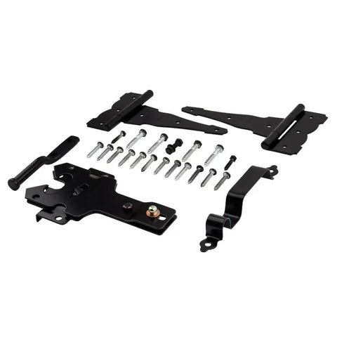 Deluxe Decorative T-Hinge Gate Kit Built Tough in Black Steel Finish with latch, strike, pull, screws, and hardware for gate installation