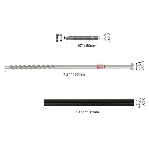 Image of 10 Pack 7 Inch Gutter Screws and Plastic Ferrules for Sagging Gutter Repair with screwdriver, showing dimensions.