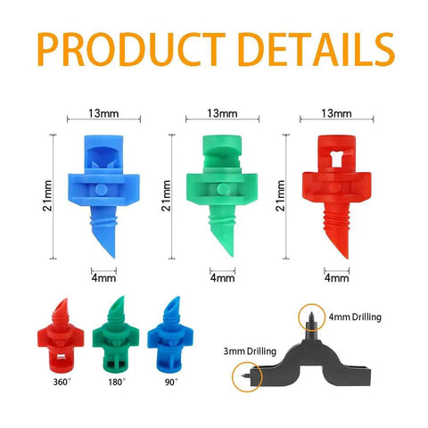 Diagram of 150 Piece Drip Irrigation Emitter Set With Drill Tool Micro Sprinklers 90 180 360 Degree Nozzles dimensions