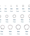 Heavy Duty External Snap Ring Kit 225 Pcs Pro Grade 304 Stainless Steel Retaining Circlips in 15 Sizes from 3mm to 25mm displayed