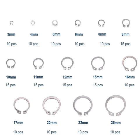 Heavy Duty External Snap Ring Kit 225 Pcs Pro Grade 304 Stainless Steel Retaining Circlips in 15 Sizes from 3mm to 25mm displayed