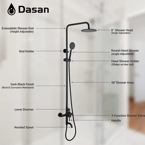 Outdoor Shower Fixture Set With 3 Function Matte Black Faucet 8 Inch Rainfall Shower Head Handheld Sprayer Spout And SUS 304 Stainless Steel Build