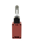 Front view of adjustable roller limit switch with red base, black housing, and metal roller actuator