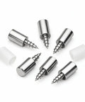 Seven nickel-plated shelf pegs with silicone sleeves for 20 Pack Self Tapping Shelf Pegs With Black Silicone Sleeve That Lock Glass And Wood Shelves In Place No Wobble And Protect Surfaces In Cabinets And Shelves