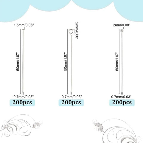 600 Piece 2 Inch Stainless Steel Jewelry Pins Set With Open Eye Pins, Flat Head Pins And Ball Head Pins, 304 Stainless Steel 21 Gauge Craft Pins For DIY Beading, Jewelry Making And Bead Bling, three 50mm 200pcs styles