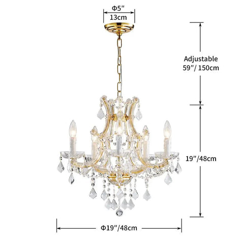 Gold 5 Light Maria Theresa Crystal Chandelier With Adjustable Chain Up To 52 Inches E12 Bulb Ready LED Compatible Modern Luxury