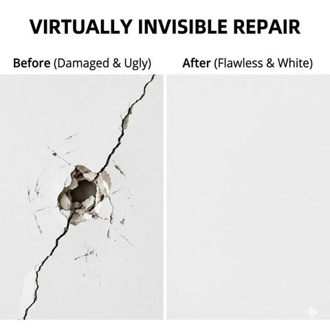Mega All In One Drywall Repair Kit 500g Spackle Paste With Scrapers And Sandpaper Quick Dry Patch For Cracks Nail Holes And Peeling Walls White Finish Before and After