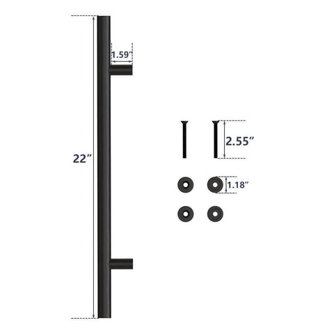 Heavy Duty 22 Inch Extra Long Pull Barn Door Handle Set in Frosted Black Finish, dimensions visible, ergonomic round design