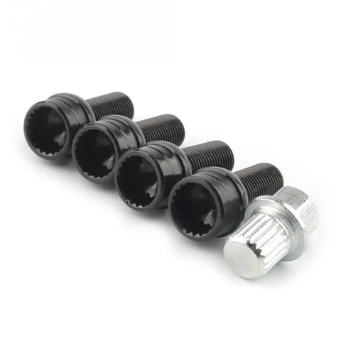 Stylish Black Alloy Lug Nuts For Audi A3 A4 A5 That Look Sick And Secure Wheels With 14x1.5 Specs Includes Key For Theft Protection And Heavy Duty Corrosion Resistance You Will Love The Ride. Black alloy lug nuts set with theft key on white background
