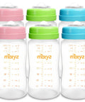 Six Pack Wide Neck Breast Milk Storage Bottles Eight Ounce three colors for pumping and feeding, BPA free, dishwasher safe.