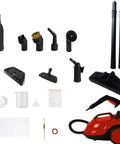 Heavy Duty Two Liter Canister Steam Cleaner Loaded With Eighteen Versatile Tools, including nozzles and brushes.