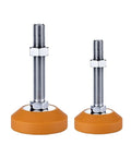 Rock Solid Adjustable Leveling Feet Four Pack Built Tough Carbon Steel Threaded Lifts with Grippy Rubber Bottoms for Heavy Equipment And Work Benches No Fuss Easy Install Stands Firm On Uneven Ground, showing two sizes of feet.