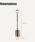 Heavy Duty Gardening Shovel With Flat Spade 47 Inch Steel Tool Ergonomic TPR Overmolded D Handle For A Steady Grip Welded All Steel Construction Built To Last For Garden Beds Lawns And Compost shown with dimensions