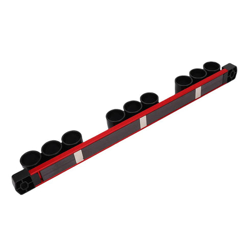 Nine Slot Screwdriver Organizer Wall Mount Rail heavy duty tool holder in black and red aluminum alloy and PP build