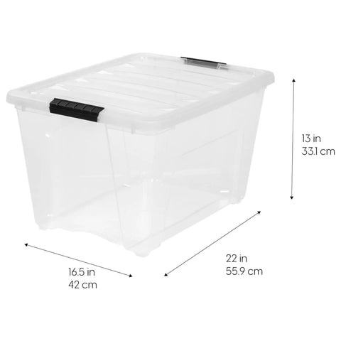 Straight Up Premium 54 Qt Stackable Storage Bins With Lids 12 Pack Clear Plastic Totes For Closets And Garages BPA Free with rugged latches.
