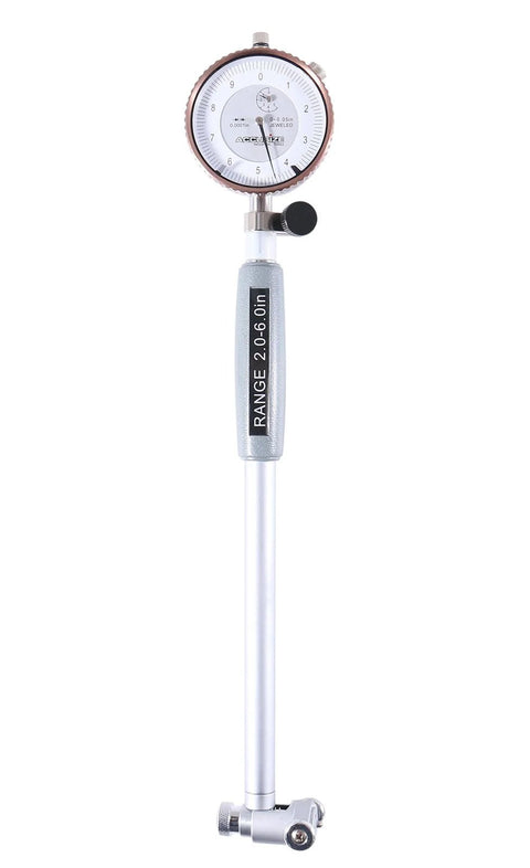 Front view of Accusize dial bore gauge with 6 in stem, 2-6 in range, silver metal body and dial indicator