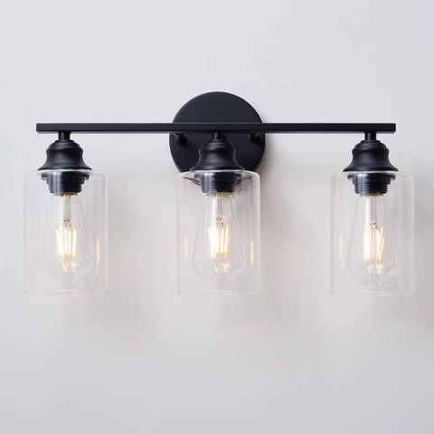 Black 3 Light Vanity Light Fixture Set With Clear Glass Shades Modern Farmhouse Bathroom Lighting Over Mirror Sleek Black Vanity Lights For Bathroom Hallway Or Living Space Dope Look