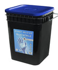 No Bull 8 Mil Nitrile Work Gloves In Blue Featuring Fully Textured Diamond Grip Surface Powder Free Design Engineered For Heavy Duty Industrial Auto And Shop Jobs Hella Durable Tight Grip Control 500 Count Large in a black bucket.