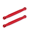 Red CNC machined aluminum front links for SCX30 One By Thirty RC Crawler Beefed Up Full Chassis Upgrade. Pair on white background.