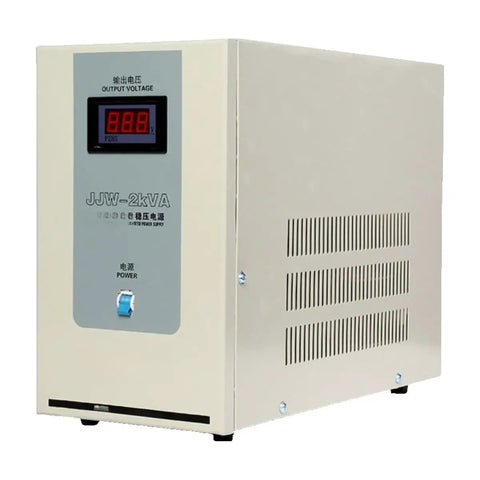 Top Shelf Industrial 220V Single Phase AC Voltage Regulator side view with digital display and ventilation for stable power.