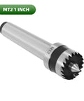 MT2 wood lathe drive center with conical tip and serrated drive wheel, silver metal body