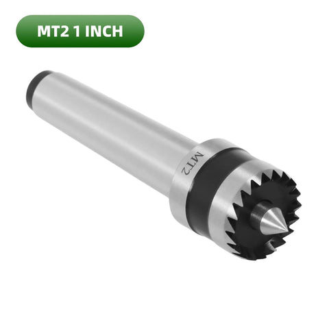 MT2 wood lathe drive center with conical tip and serrated drive wheel, silver metal body