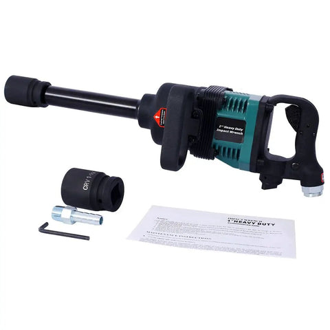 Heavy Duty 1 Inch Air Impact Wrench with Auxiliary Handle and 38mm and 41mm Sockets, includes drive unit and instructions.