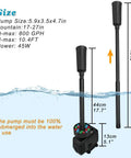 Diagram showing LED Pond Pump With Fountain Kit 45W Submersible Water Pump 792 GPH dimensions and features, including submersion instructions.