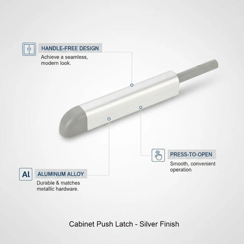 Push To Open Latch Aluminum Alloy No Knob Handle Free Cabinet Hardware Silver Finish Easy Install Press To Open System