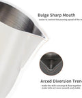 Barista Grade Pro Style Stainless Steel Milk Frothing Pitcher 600ml 20oz showing bulge sharp mouth and arced diversion trench
