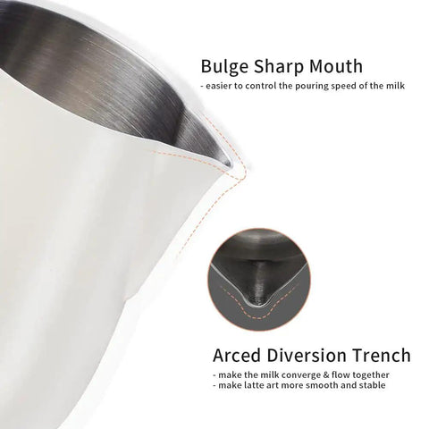 Barista Grade Pro Style Stainless Steel Milk Frothing Pitcher 600ml 20oz showing bulge sharp mouth and arced diversion trench