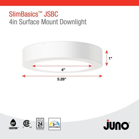 Slick 4 Inch Led Ceiling Light Low Profile Surface Mount Downlight Wet Rated Matte White Trim with dimensions 4x1 inches.