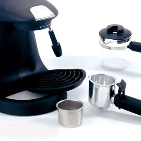 No Brainer Espresso And Cappuccino Maker With Instant Heat Capsule Compatibility featuring a black and silver design with components.