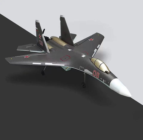 Rad SU-35 Inspired RC Plane With 4CH 2.4G Remote Beginner Friendly Left Hand Throttle 360 Degree Stunts One Key Inversion 375mm Wingspan Hobby Jet Aircraft in black and gray EPP foam material.