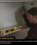 Person using LED Lighted Level with Illuminated Vials for precise plumb readouts on a shelf, showcasing its durability in low light.