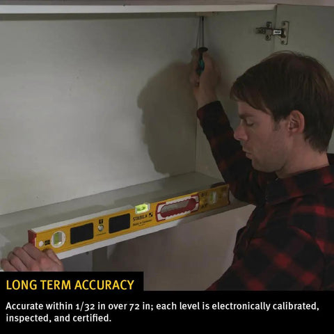Person using LED Lighted Level with Illuminated Vials for precise plumb readouts on a shelf, showcasing its durability in low light.