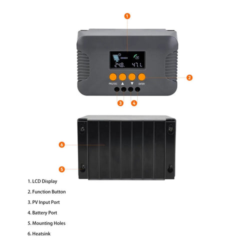 Heavy Duty Boost Mppt Solar Controller 10 Amp 24 Volt 72 Volt front and back view displaying LCD and component layout.