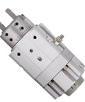 Badass Pneumatic Actuator With Rotary Swing Finger Design For Heavy Duty Industrial Automation Pick And Place Tasks Built Damn Tough No Sweat Cylinder Gripper Tool side view showing precision engineering and connectivity features.