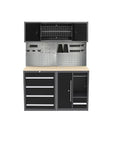 Killer Garage Cabinet Set With Workbench And Overhead Racks featuring deep drawers and pegboard storage.