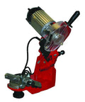 Built Tough Manual Chainsaw Sharpener Bench Or Wall Mount Grinder With Three Heavy Duty Grinding Discs showing red body and motor.